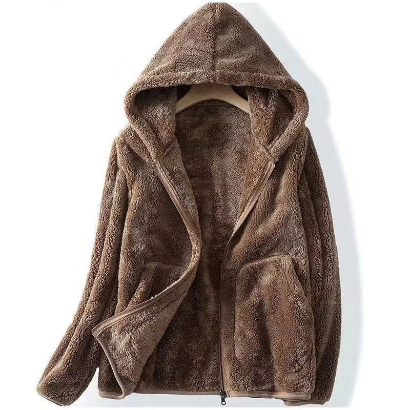 Women's cozy fleece hooded cardigan in a soft, open-front design, perfect for winter fashion.