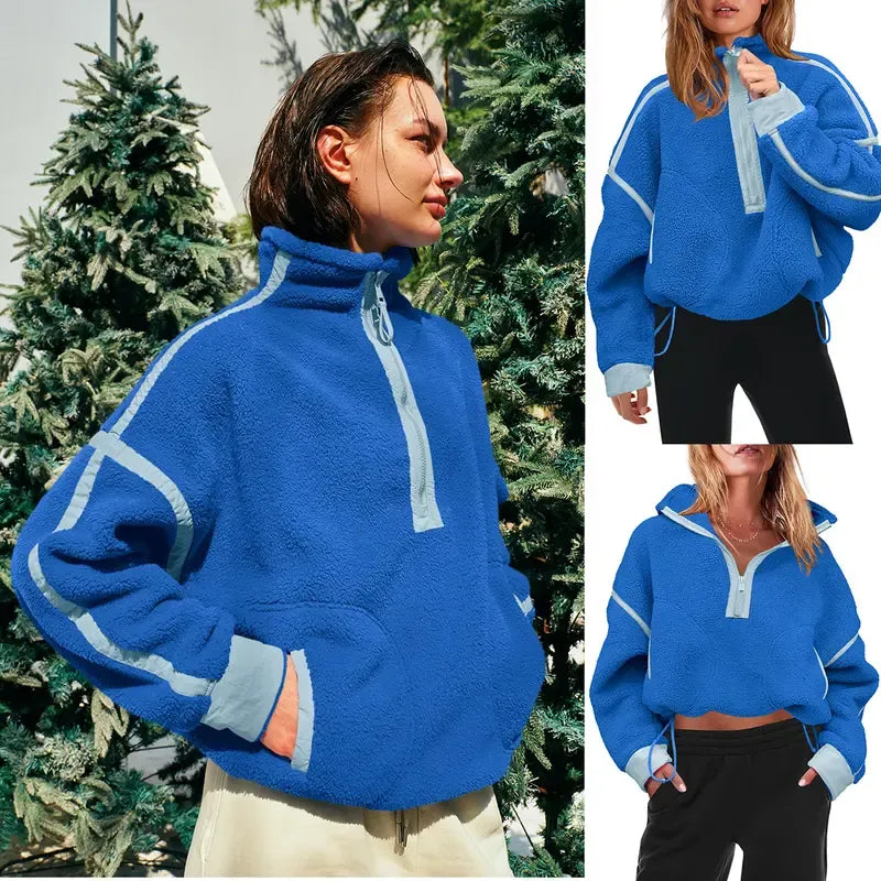 Stylish women's sherpa half-zip pullover in a light color, a must-have fleece top for winter.