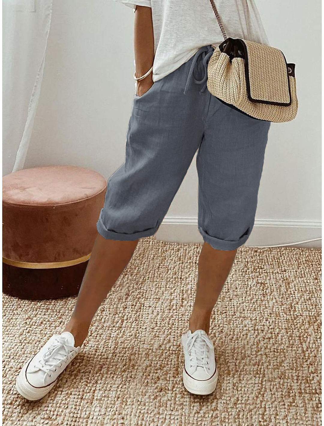 Women's pull-on cropped straight leg shorts. Relaxed fit, elastic waist, perfect for comfortable casual summer fashion.