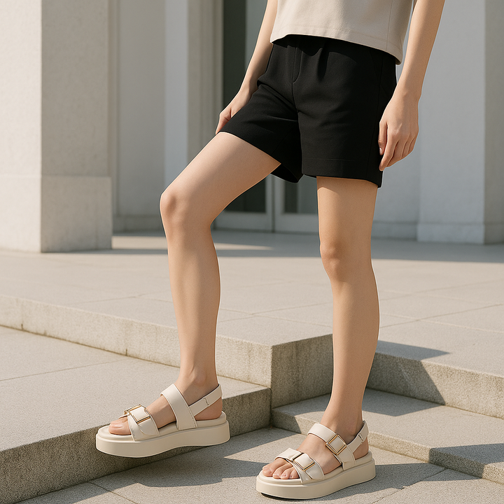 Women's summer shoes: black vegan leather platform sandals with dual buckle closure