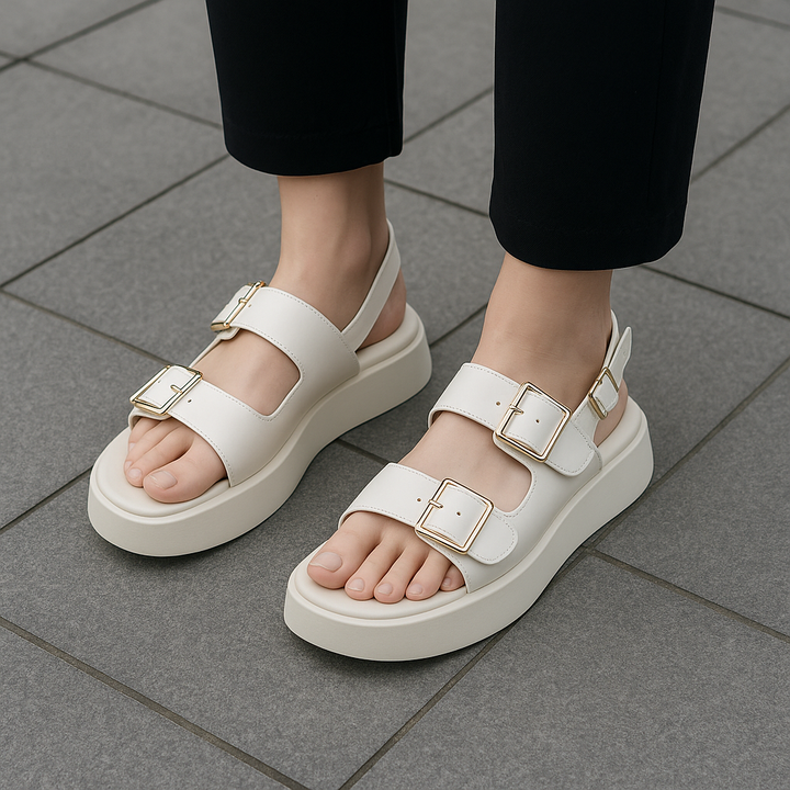 Product shot of women's black platform sandals with double buckle detail on white background