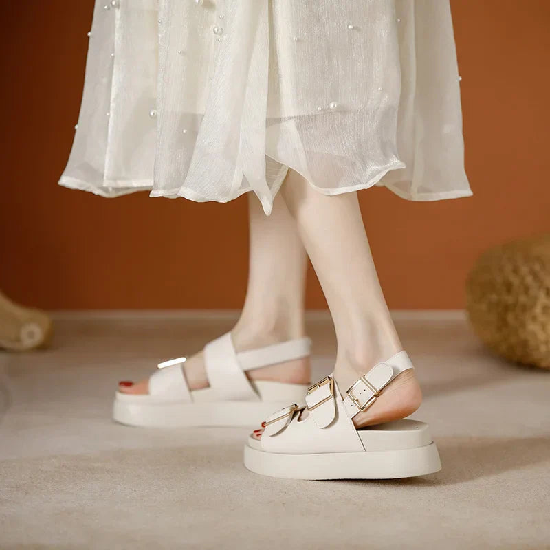 Stylish black double buckle platform sandals for women, a versatile summer footwear choice