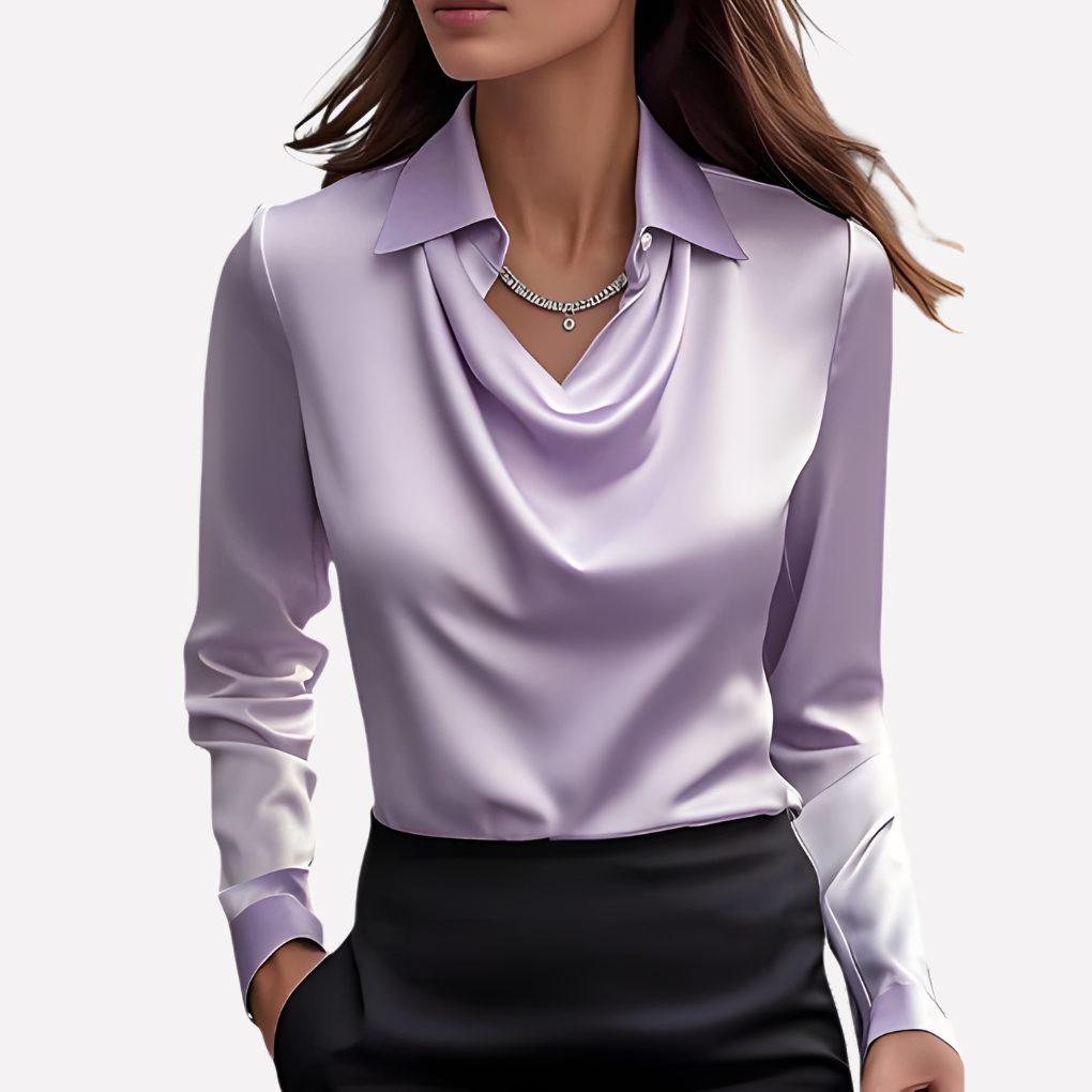 Women's relaxed fit long sleeve blouse with an elegant draped collar, perfect for sophisticated style.