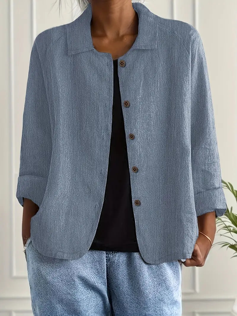 Women's summer top, button-front design, three-quarter sleeves for a relaxed look.