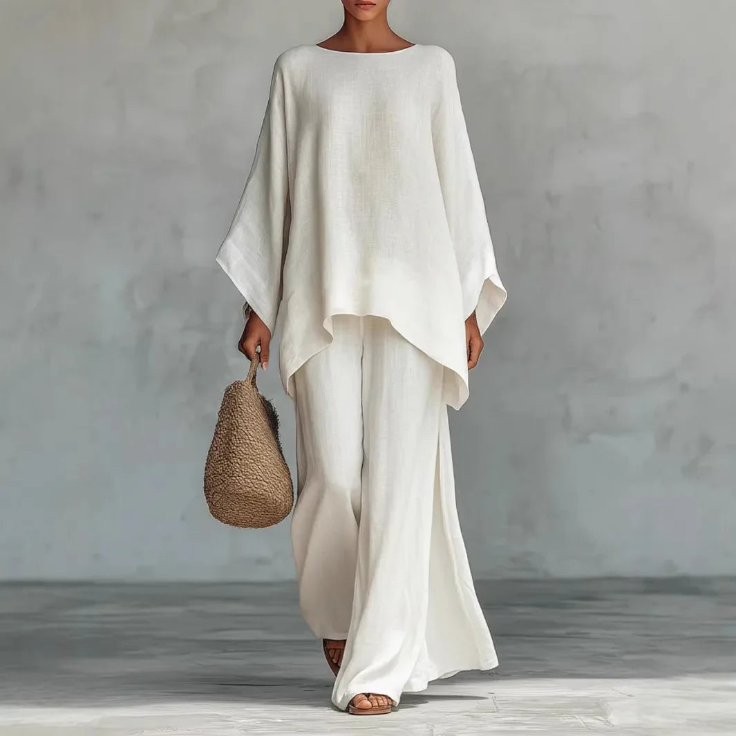 Women's effortless linen blend two-piece set, oversized top & wide-leg pants. Perfect for summer casual wear.