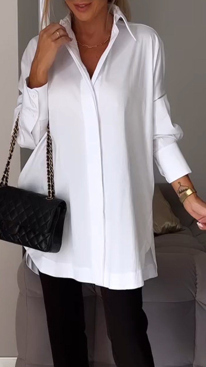 Women's effortless oversized blouse with collar, perfect for versatile styling from casual to workwear.