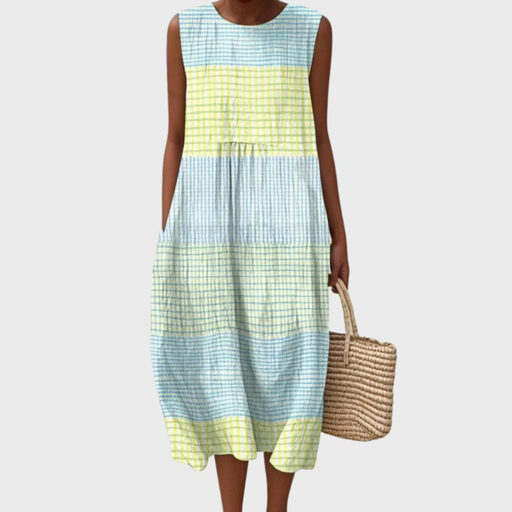 Women's effortless plaid sleeveless midi dress, perfect for summer. Lightweight & casual, ideal daywear.