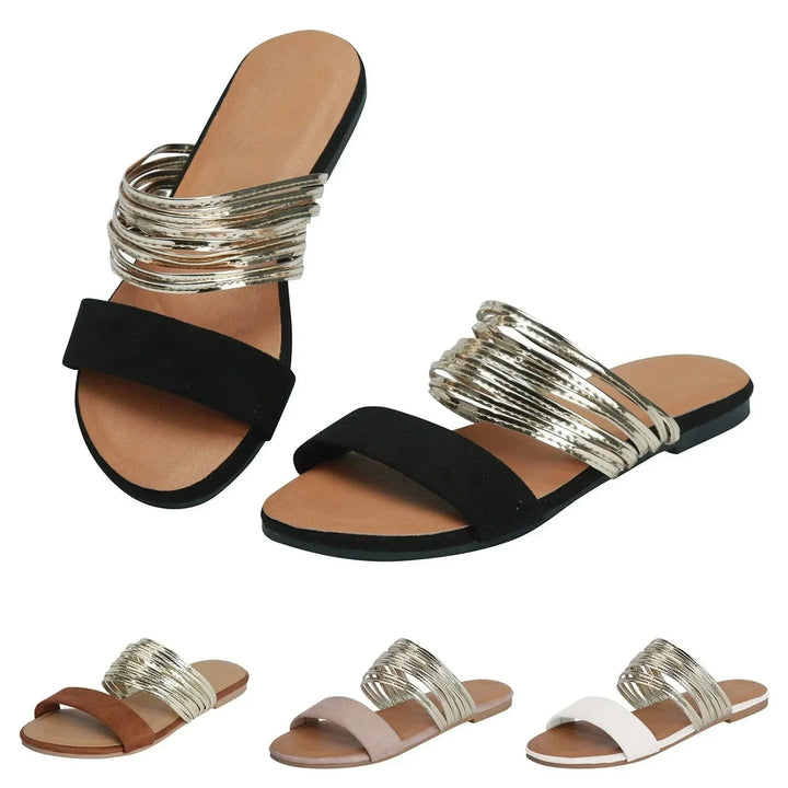 Comfortable women's flat sandals. Slip-on design with multi-straps for daily summer use.