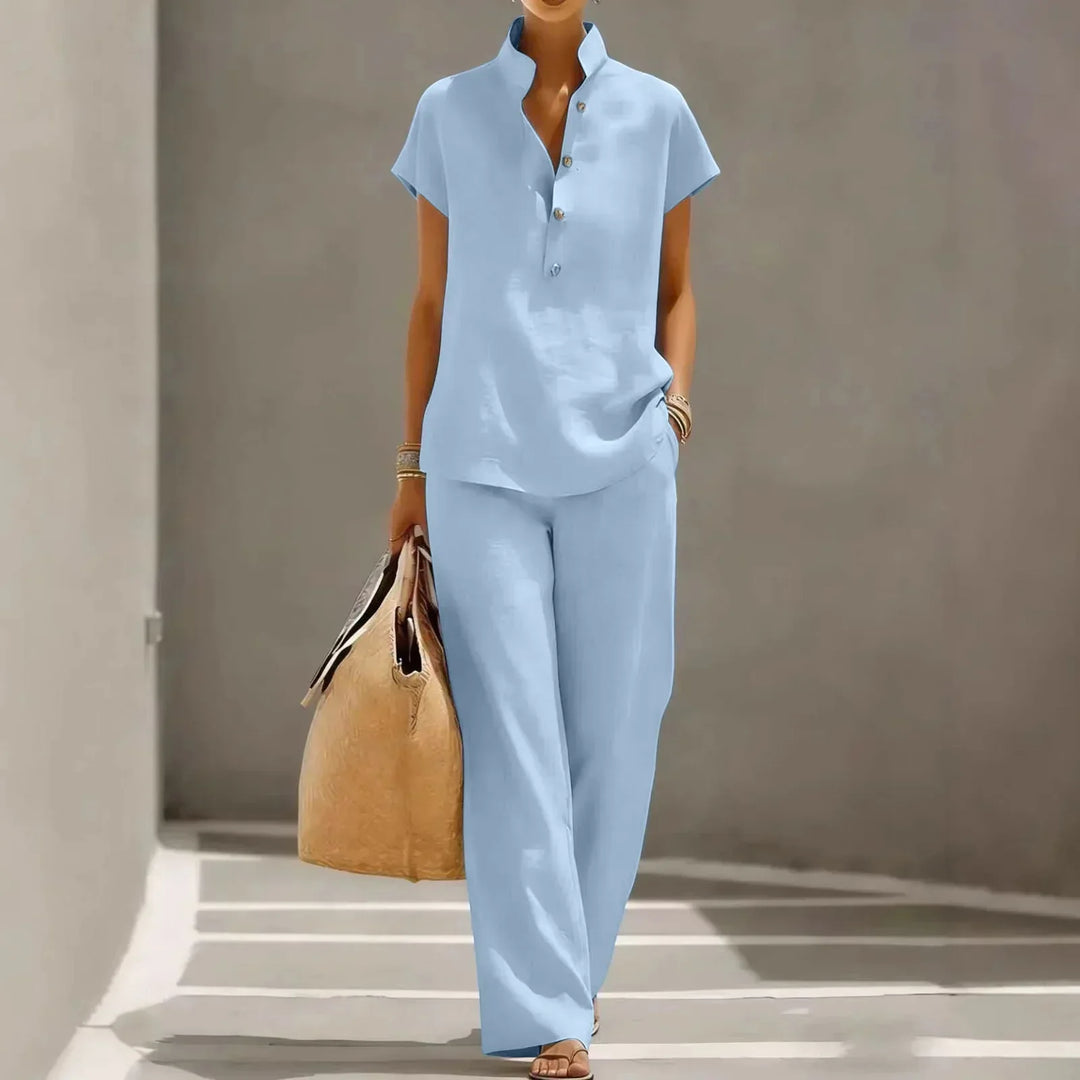 Lightweight two-piece women's wide-leg pant set. Ideal for resort style, vacation outfits & summer fashion.