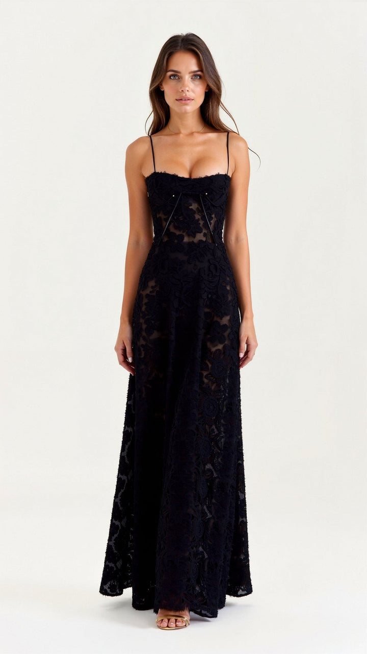 Women's elegant black strap maxi dress, perfect for formal events, parties & wedding guests.