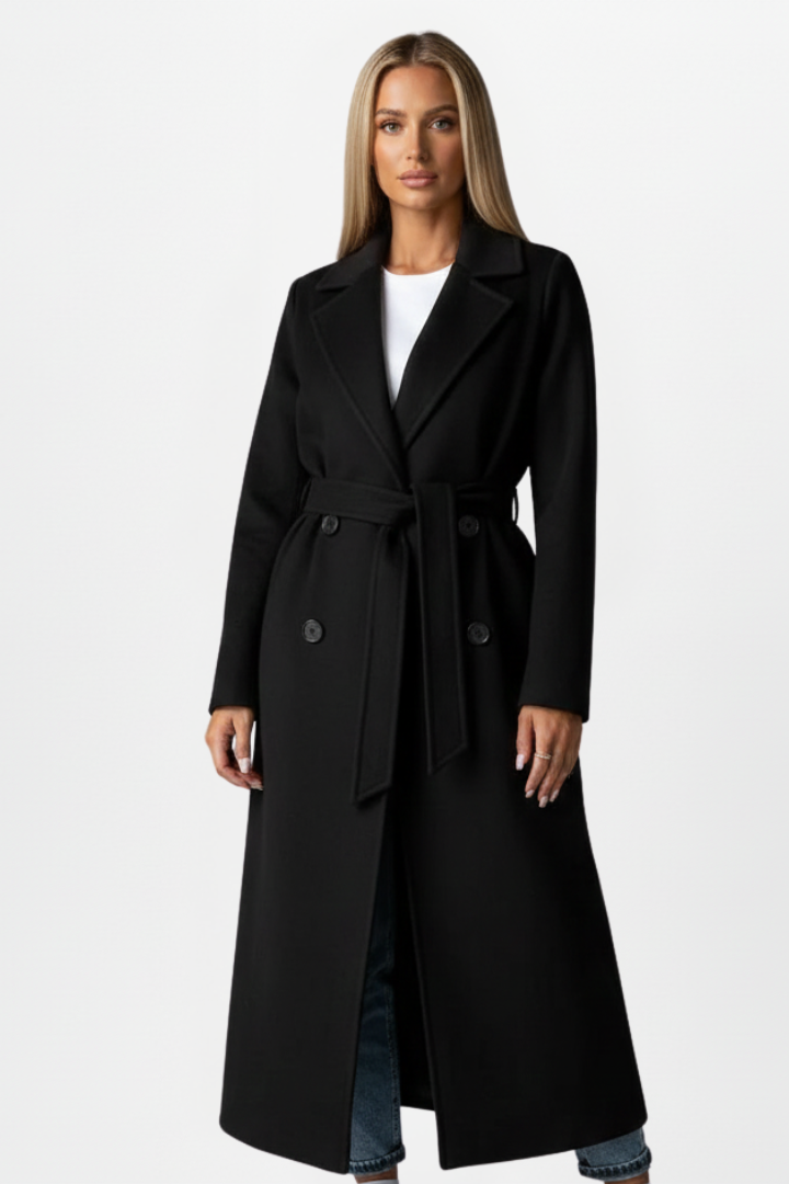 Women's professional workwear long coat. Double-breasted, belted waist, and a timeless notch collar design.