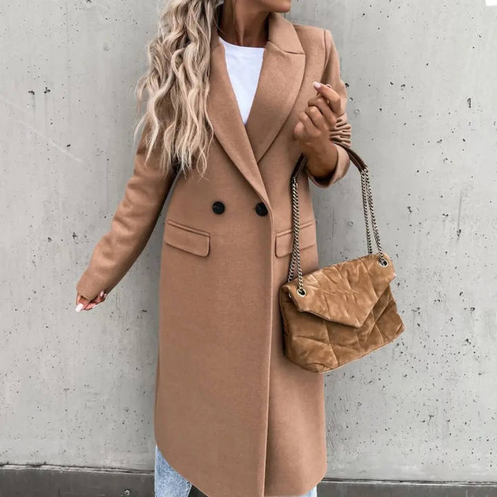 Stylish women's long double-breasted coat, tailored for professional workwear with an elegant lapel.