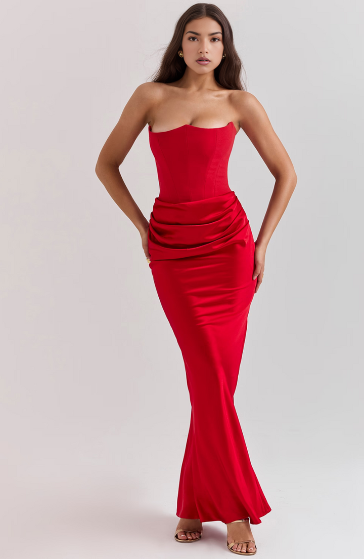 Fitted column silhouette formal gown, strapless and elegant.