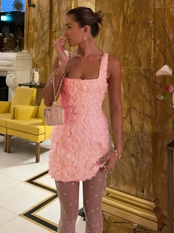 Women's elegant floral textured mini party dress, slim fit, perfect for special occasions.