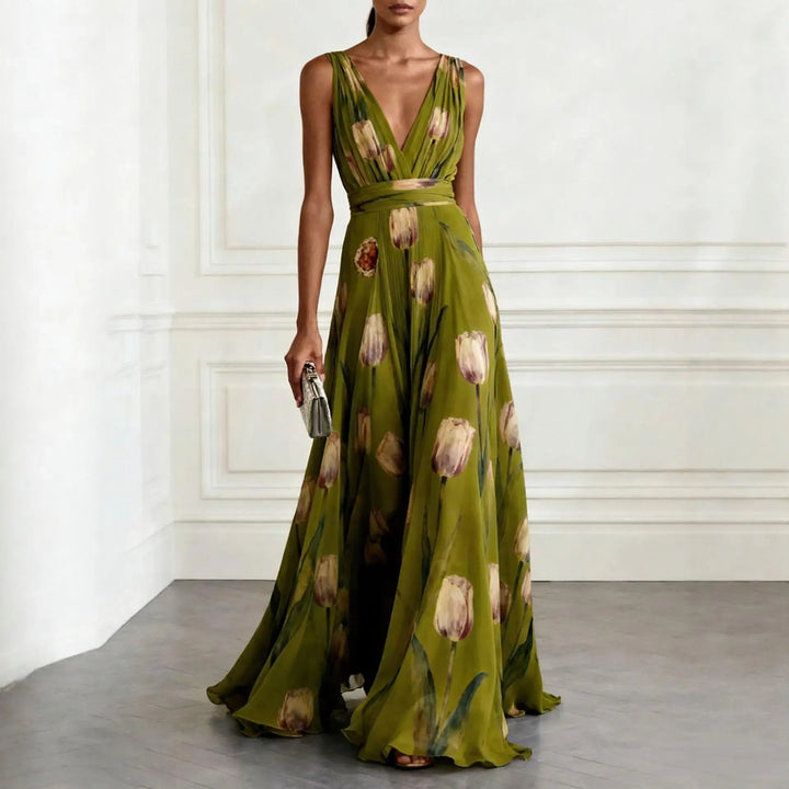 Full view of women's A-line floral tulip print maxi dress, showing its elegant drape and V-neck design.