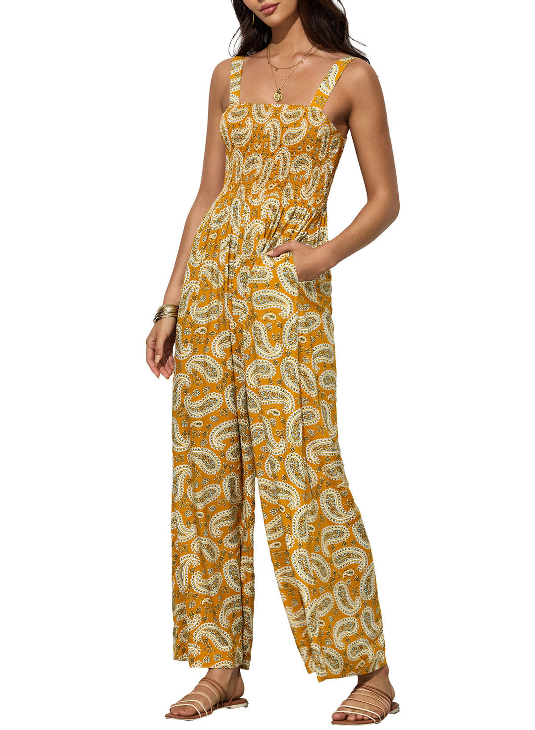 Back view of women's floral wide-leg jumpsuit, highlighting the elegant design for spring.