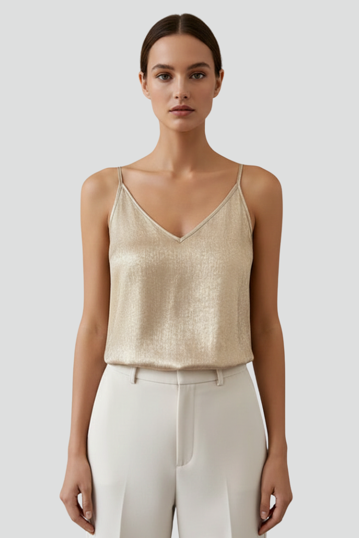 Chic women's gold V-neck camisole top, ideal for summer outfits or casual wear.