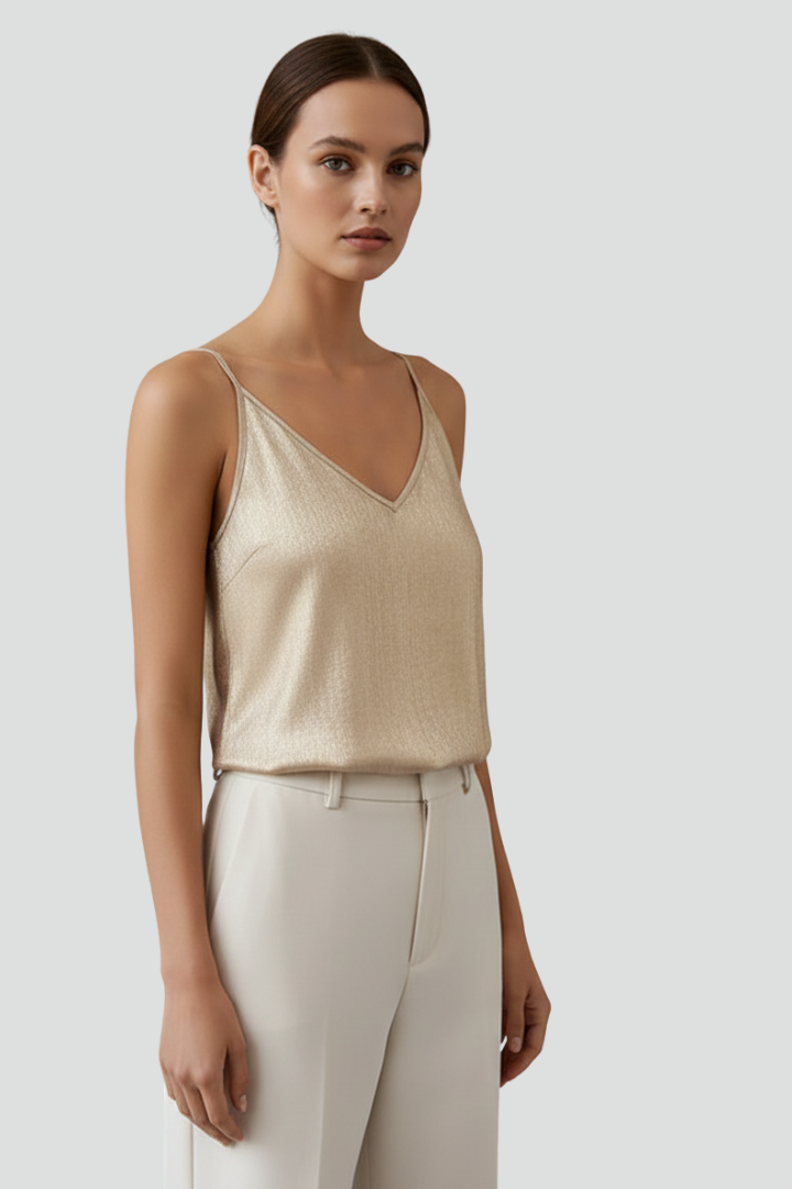 Versatile women's gold sleeveless top, a chic V-neck camisole with thin straps for various occasions.