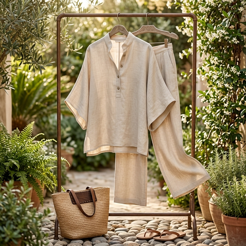 Elegant women's wide-leg two-piece set with mandarin collar, showing graceful movement and flow.
