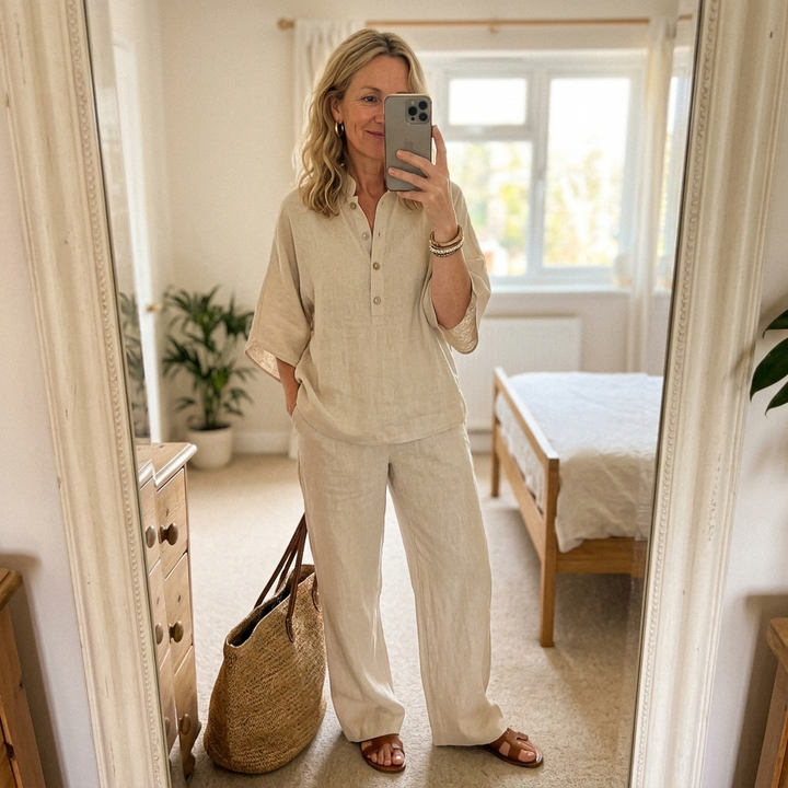 Casual elegant women's wide-leg two-piece set featuring a distinct mandarin collar for summer style.