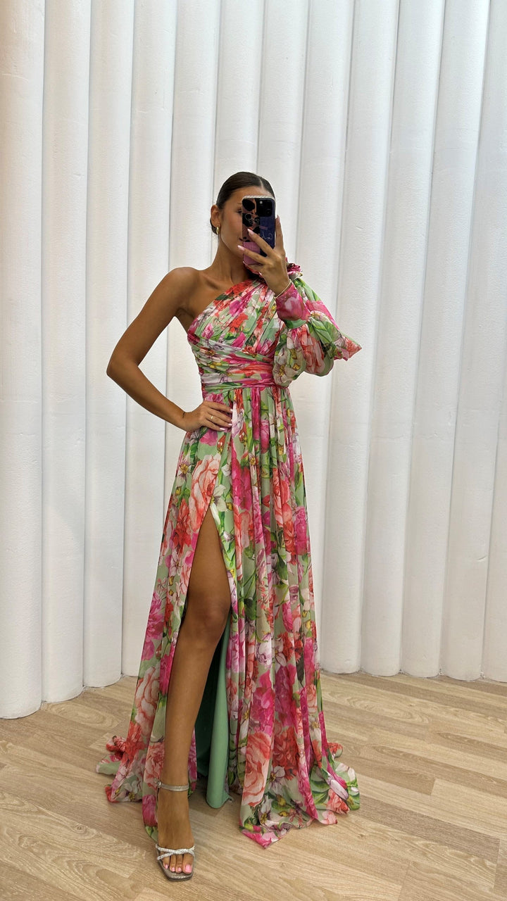 Vibrant women's floral one-shoulder summer maxi dress, perfect for beach parties or evening gatherings.