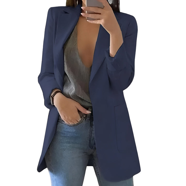 Sophisticated women's open front jacket. Long blazer style, perfect for professional or business casual.