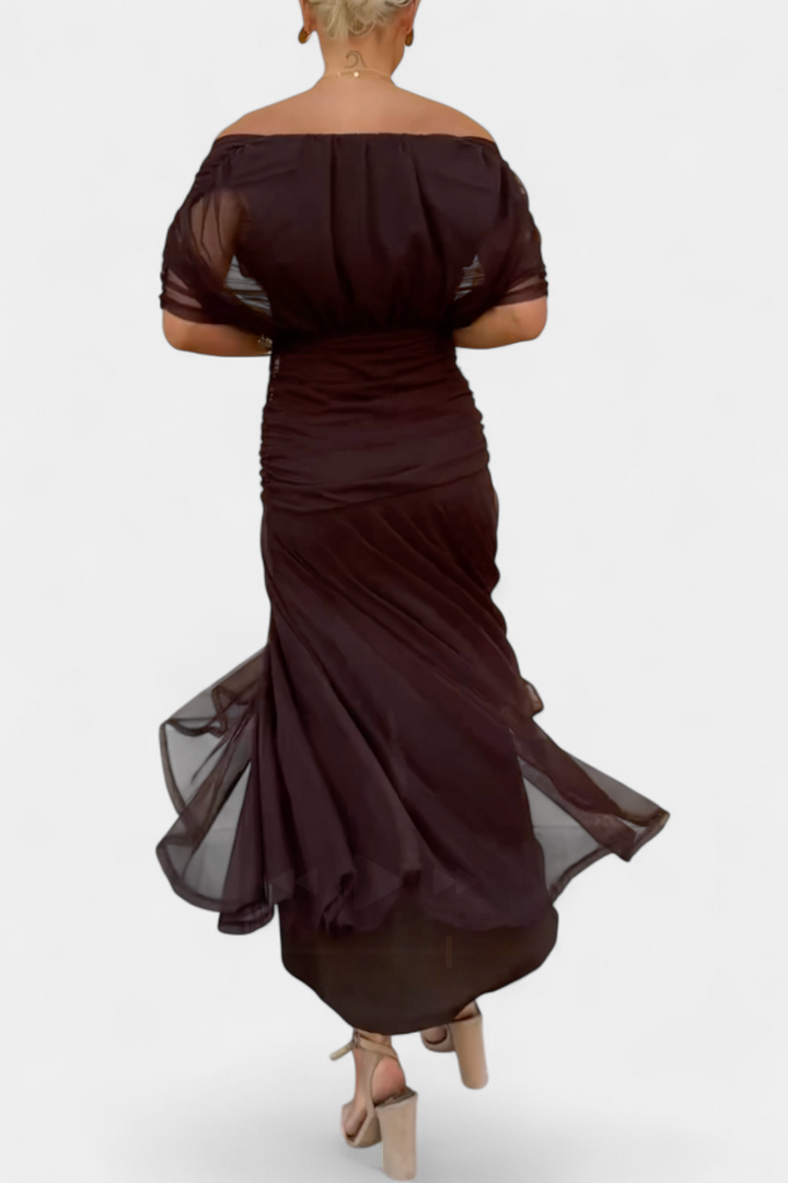 Beautiful women's pleated maxi dress, ideal wedding guest attire & evening gown.