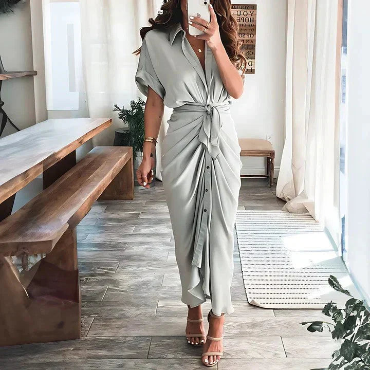 Chic women's collared midi dress, ruched tie waist, button front. Versatile spring/summer party & cocktail wear.