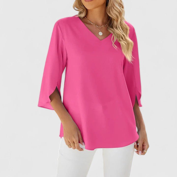 Ruffle V-neck women's blouse with elegant split sleeves, a stylish and breathable top.