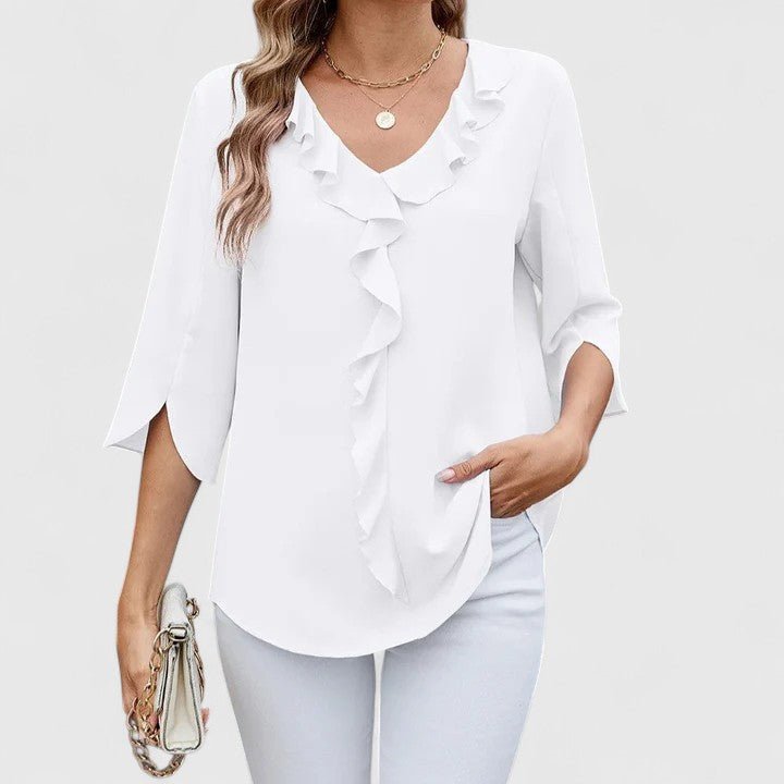 Breathable women's fashion blouse featuring a sophisticated ruffle V-neck and split sleeves.