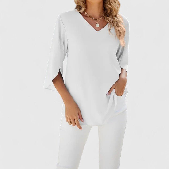 Women's elegant V-neck blouse, a ruffle top with split sleeves, perfect for summer fashion.