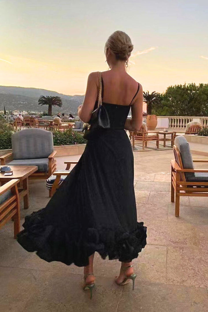 Women's summer wedding guest dress, elegant scoop-neck maxi with spaghetti straps.