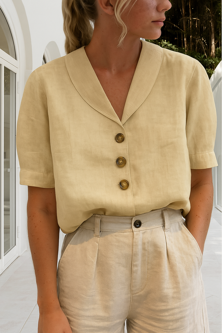 Comfortable women's wrap blouse with short sleeves, ideal for spring & summer fashion. Modern chic everyday top.