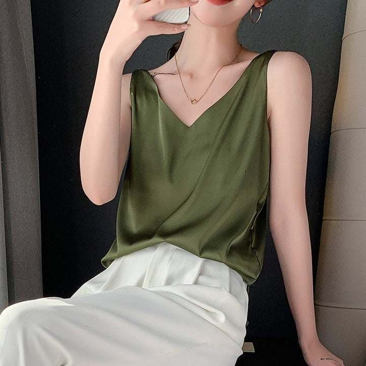 Versatile women's silky tank top. Draped, relaxed fit for casual or dressy wear. Elegant and chic.