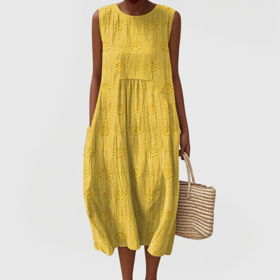 Chic women's sleeveless summer dress with an elegant design and comfortable pockets for everyday wear.
