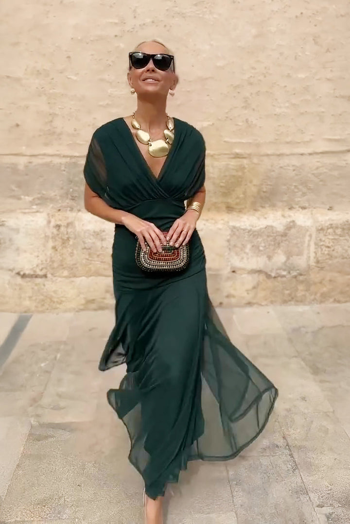 Flowy V-neck maxi dress for women, ideal for spring fashion, summer parties, or evening wear.