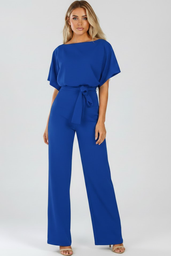 Comfortable women's wide leg short sleeve jumpsuit with an elegant design & adjustable tie waist belt. Summer essential.