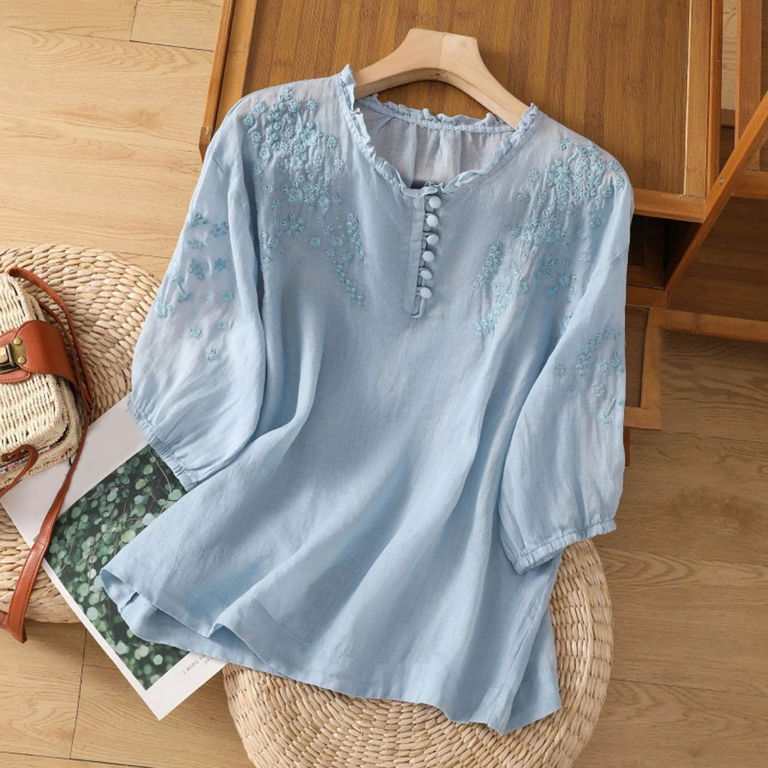 Women's embroidered blouse with intricate vintage floral design. Elegant long-sleeve top for spring & office wear.