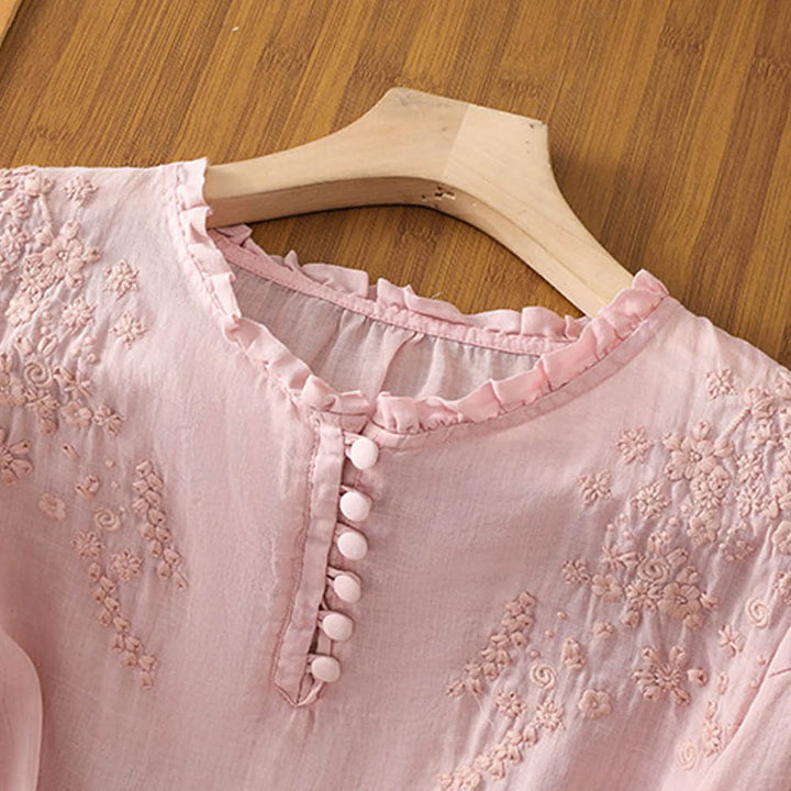Comfortable women's classic button-down blouse with beautiful vintage embroidery. Perfect versatile top for summer & spring.