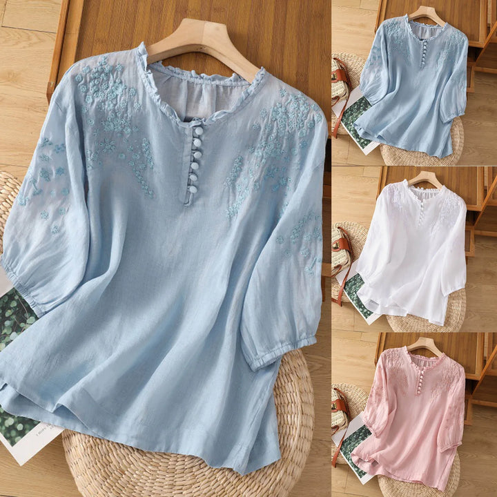 Stylish women's embroidered long-sleeve blouse offering a blend of vintage charm & modern comfort for elegant wear.