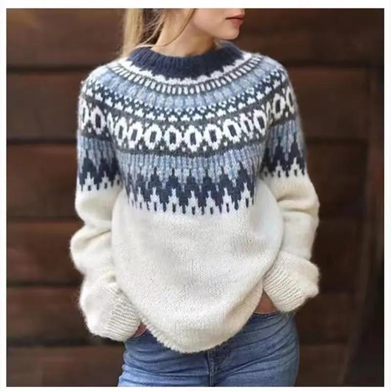 Women's Fair Isle crewneck knit jumper, relaxed fit, perfect for cozy winter layering and casual wear