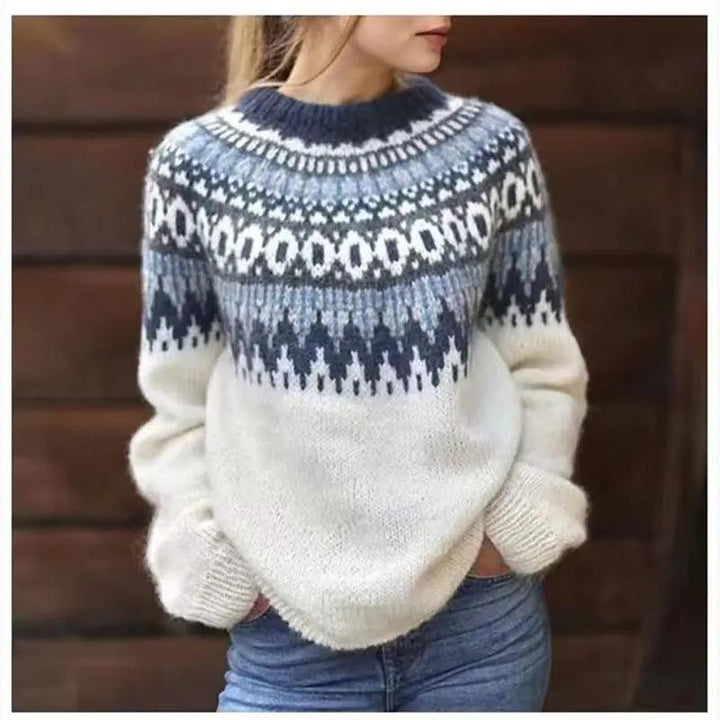 Women's Fair Isle crewneck knit jumper, relaxed fit, perfect for cozy winter layering and casual wear