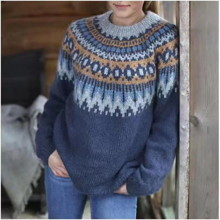 Cozy women's Fair Isle pullover, knitted for a relaxed fit, a stylish choice for winter apparel