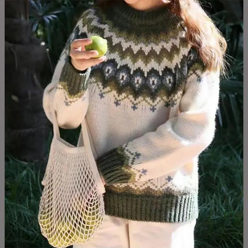 Winter fashion women's Fair Isle sweater, a comfortable crewneck knit jumper with intricate design