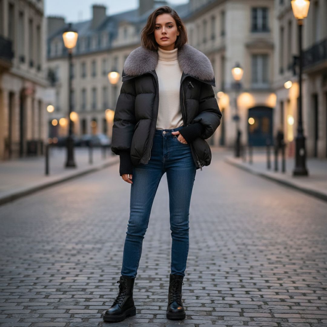 Women's faux-fur collar winter puffer jacket, warm quilted outerwear, front view