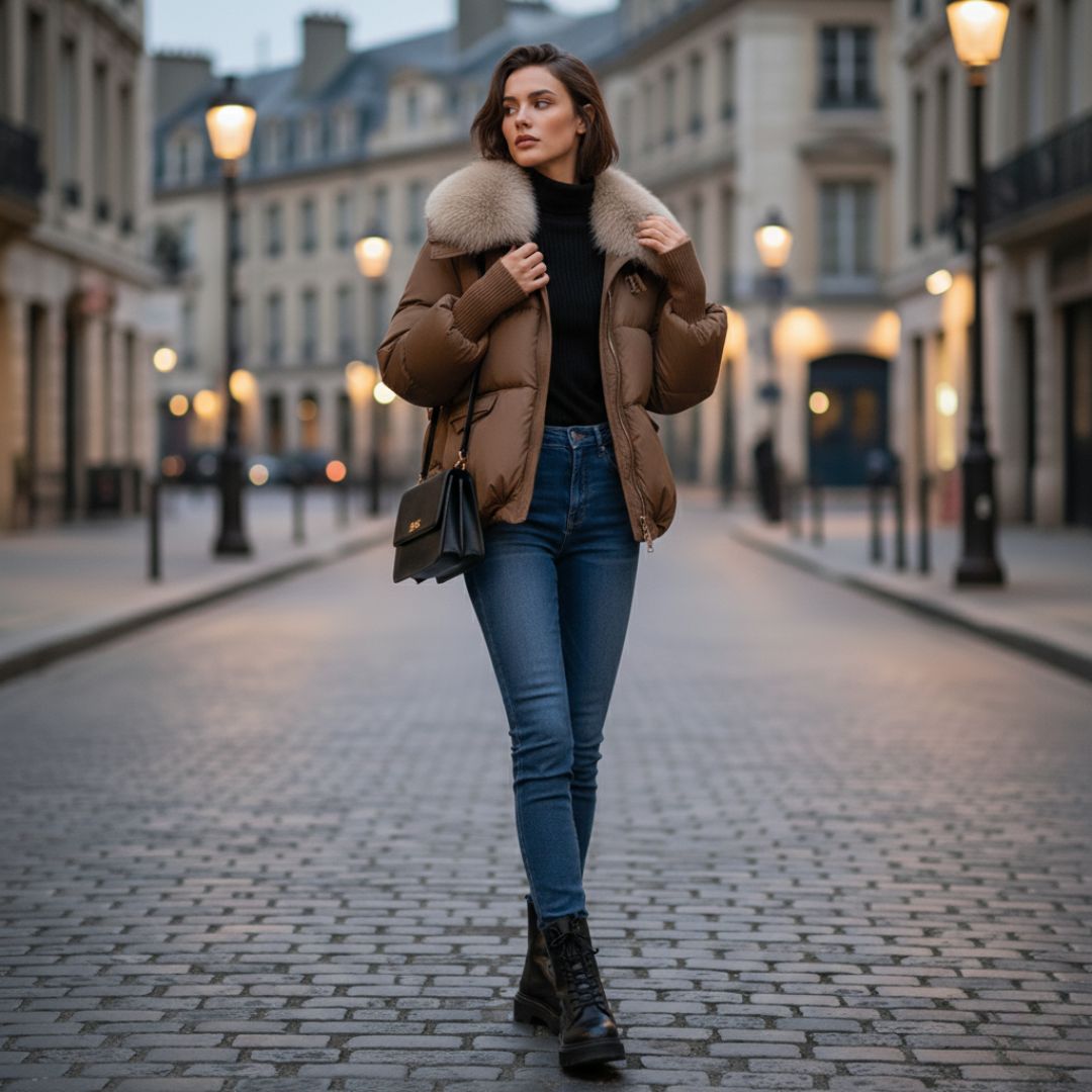 Stylish women's puffer jacket with luxurious faux fur collar, perfect for winter fashion