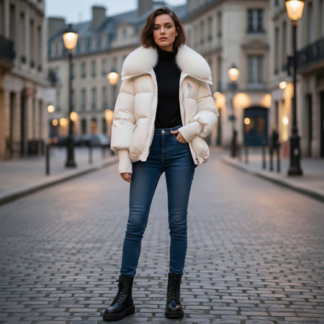Close-up of the faux-fur collar on a cozy women's quilted winter coat