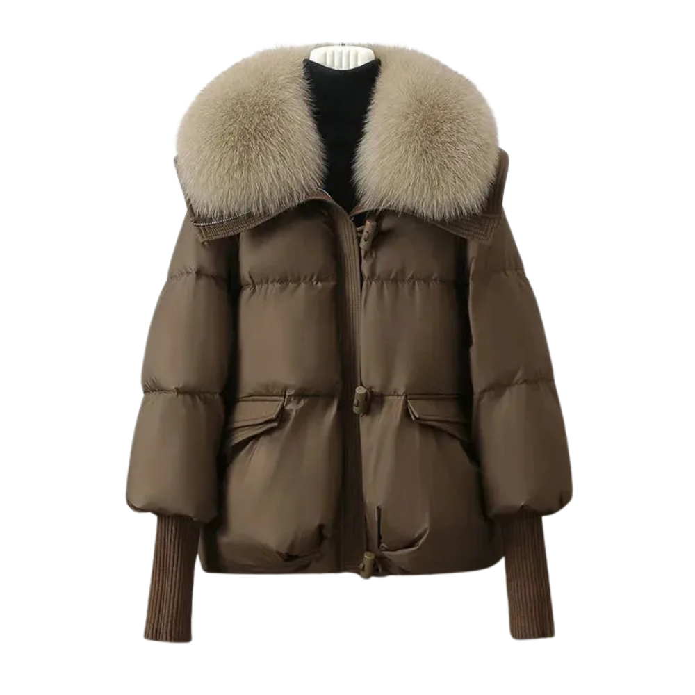 Women's warm puffer jacket featuring a full zipper and a soft faux fur collar