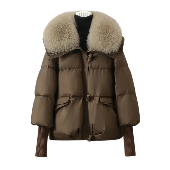 Women's warm puffer jacket featuring a full zipper and a soft faux fur collar