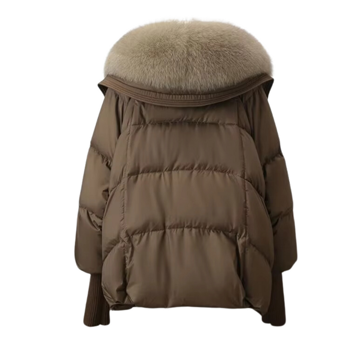 Fashionable women's winter coat, a quilted puffer design with an elegant faux fur trim